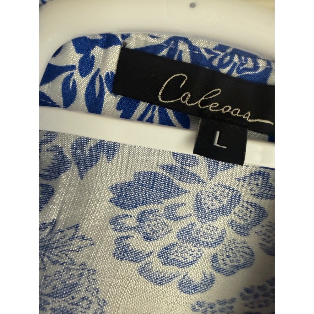 Calessa Blue White Floral Chintz Tie Front Button Shirt SM25B10 Womens Large NEW - Picture 3 of 10